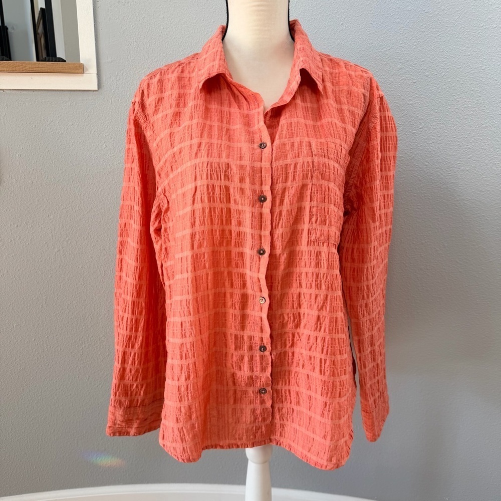 Dylan Coral Orange Textured Grid Button Down Shirt Blouse Large GUC